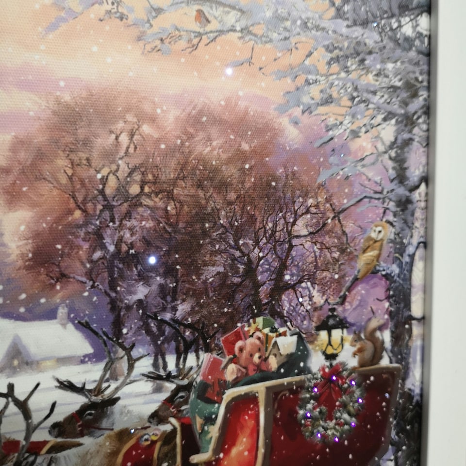 image 1 of 60 x 30cm Battery Operated Fibre Optic Touch Activated LED Christmas Wall Art with Santa Cottage Scene