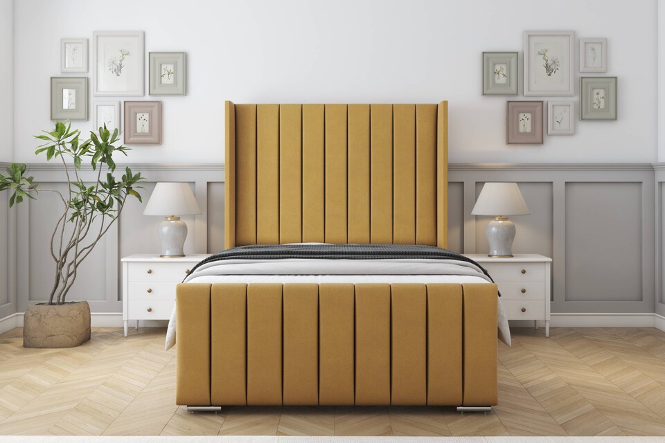 image 1 of Sloomy Melbourne Mustard Plush Bed Frame With Mattress  With 50" Upholstered Wingback Headboard 5' King