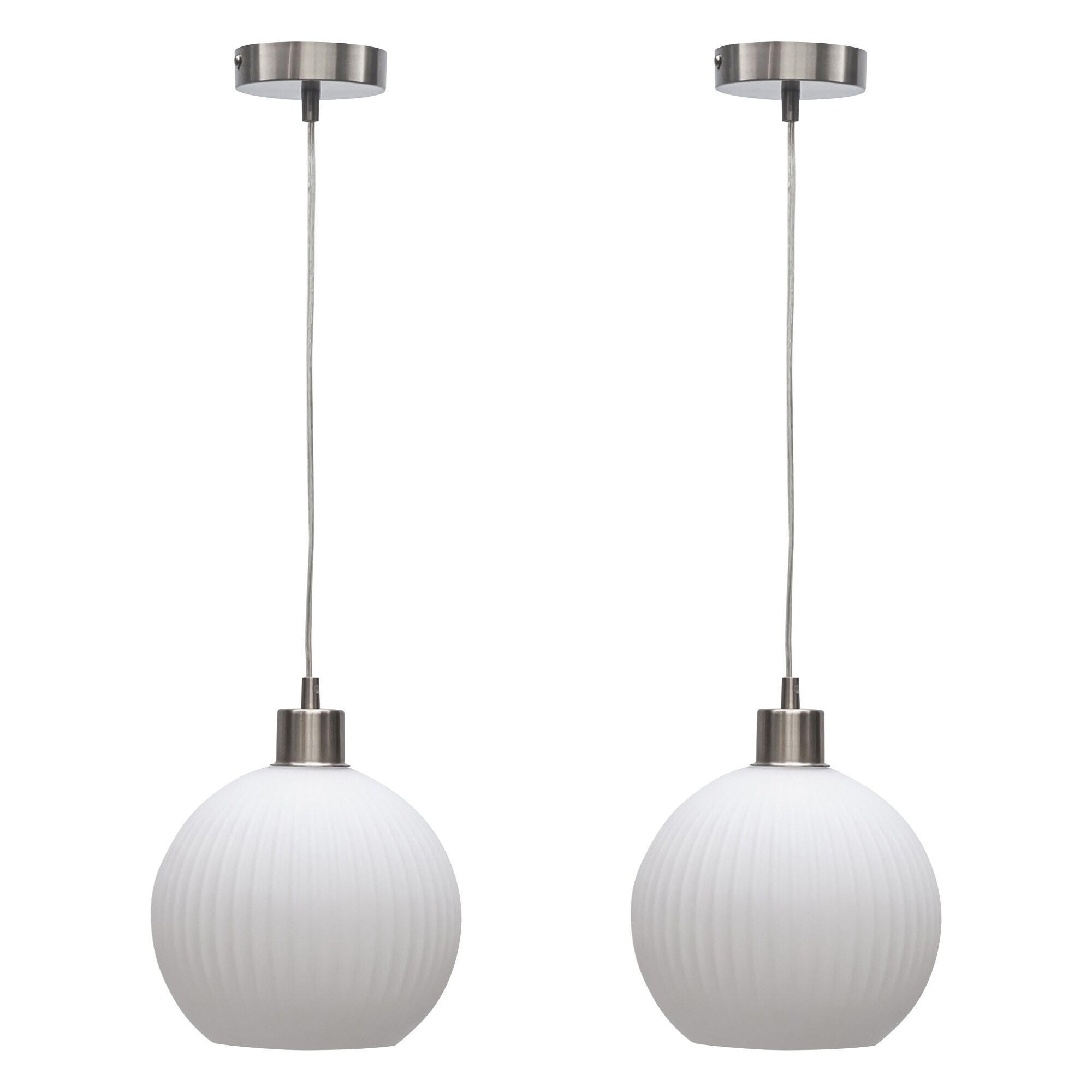 Set of 2 Betchley - White Ribbed Glass Globe with Satin Nickel Pendant White White glass with satin nickel plate detail Small 2
