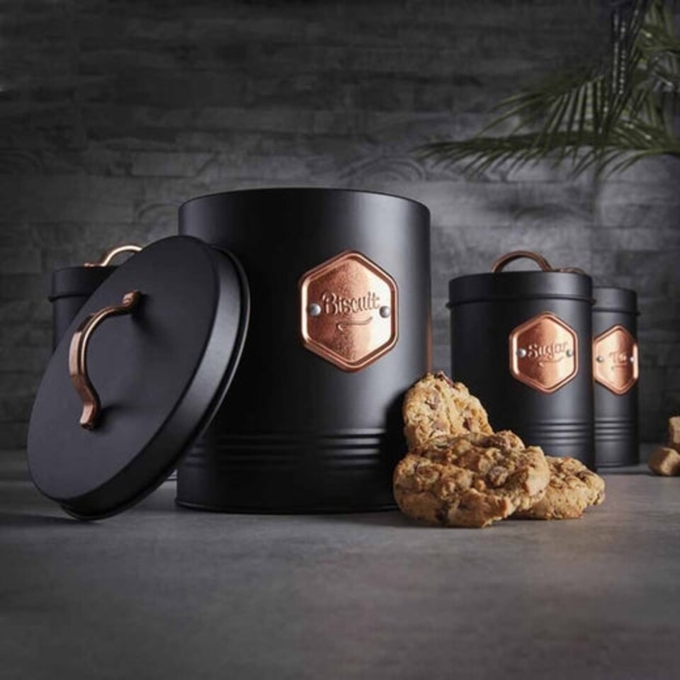 image 1 of Cooks Professional 5 Piece Kitchen Storage Set - Tea, Coffee, Sugar, Bread & Biscuit Tins | Black | Black & Copper | 5