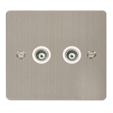 SE HOME Flat Plate Stainless Steel Twin Isolated Coaxial Socket - White Trim - SE Home White | Stainless Steel