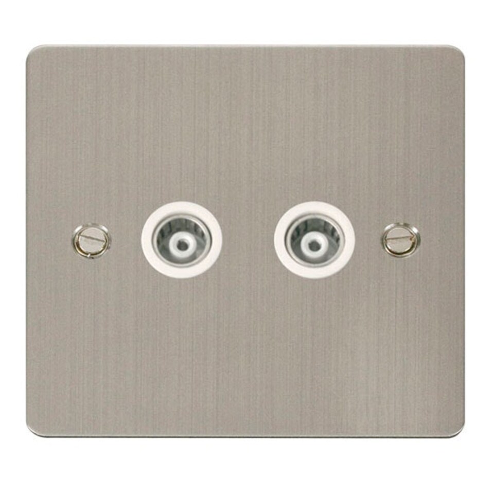 SE HOME Flat Plate Stainless Steel Twin Isolated Coaxial Socket - White Trim - SE Home White | Stainless Steel