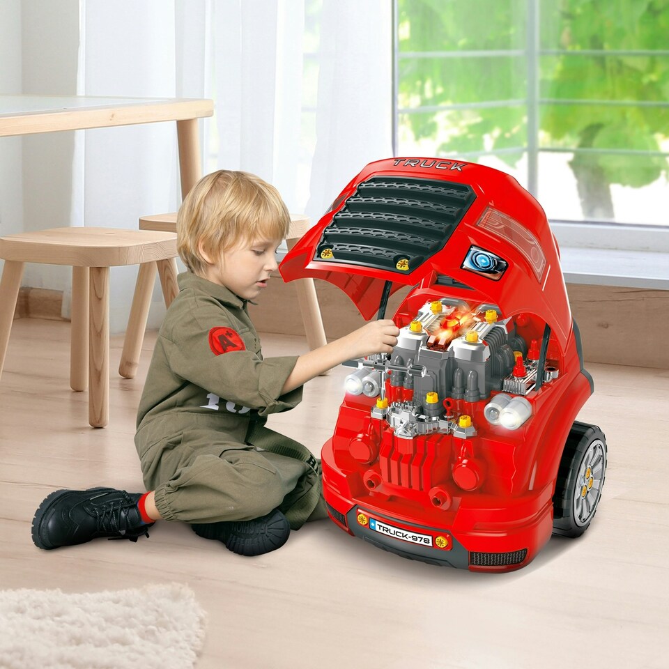 image 1 of HOMCOM Kids Truck Engine Toy Set w/ Horn, Light, Car Key for 3-5 Years Old Red