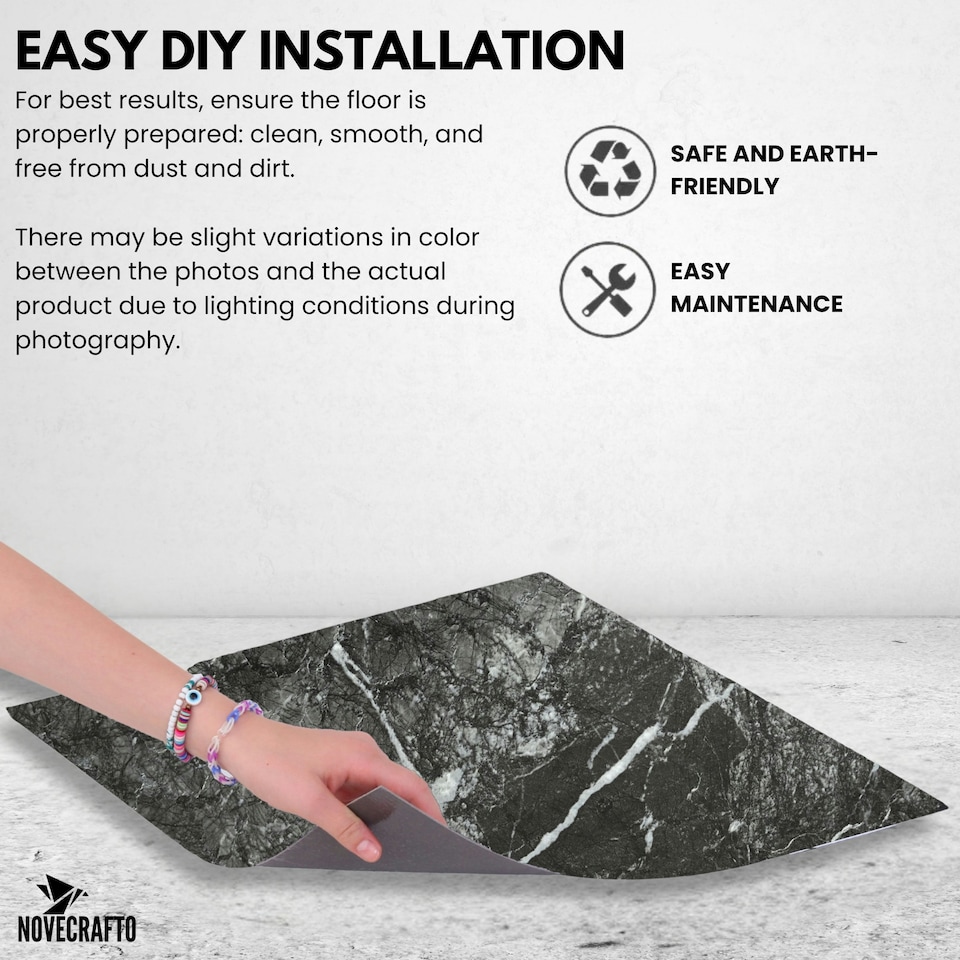 image 1 of NOVECRAFTO Self Adhesive Vinyl Floor Tiles - 6 Black Marble Peel & Stick Sheets 18"x18" (45.72x45.72cm) - Waterproof Square Vinyl Flooring for Kitchen Black | 4.18 sqm