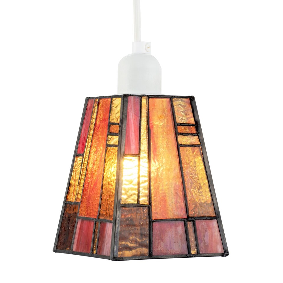 image 1 of Art Deco Tiffany Glass Pendant Shade with Orange and Amber Panels