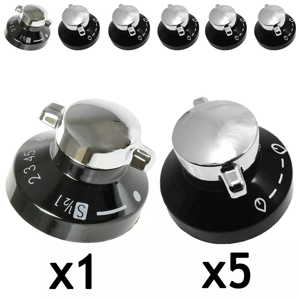 image 1 of SPARES2GO Control Knob for Belling  444445523, 444445724  New World 444441153 Gas Oven Cooker (Pack of 6 Knobs) Black | Silver