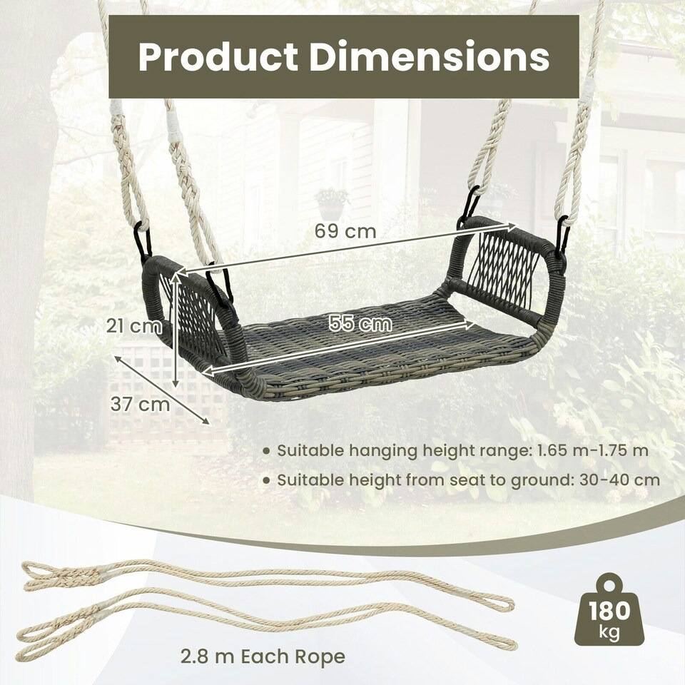 image 1 of COSTWAY Patio Swing Bench Backless Rattan w/Hanging Ropes Black