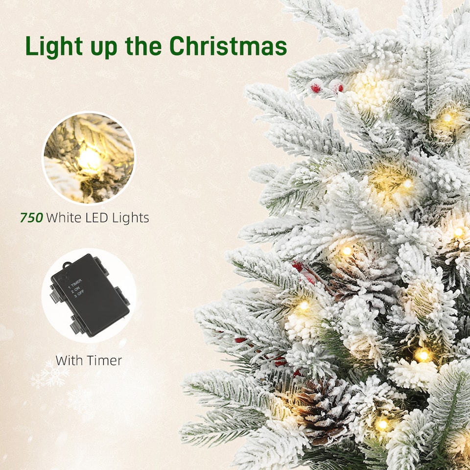 image 1 of HOMCOM 60 cm Prelit Small Christmas Tree with 35 LED Lights, Snow Flocked Tabletop Mini Xmas Tree with Pine Cones, Berry Clusters and Linen Cover Base, Battery Operated, Green