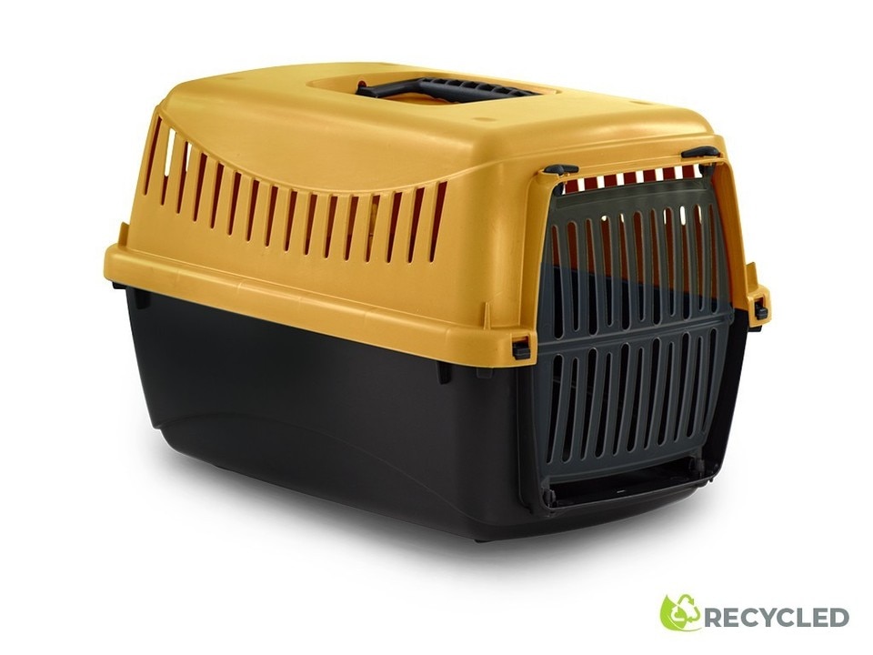 image 1 of Dog Cat Puppy Pet Carrier Portable Box Transporter Cage with Handle | Black | Mustard