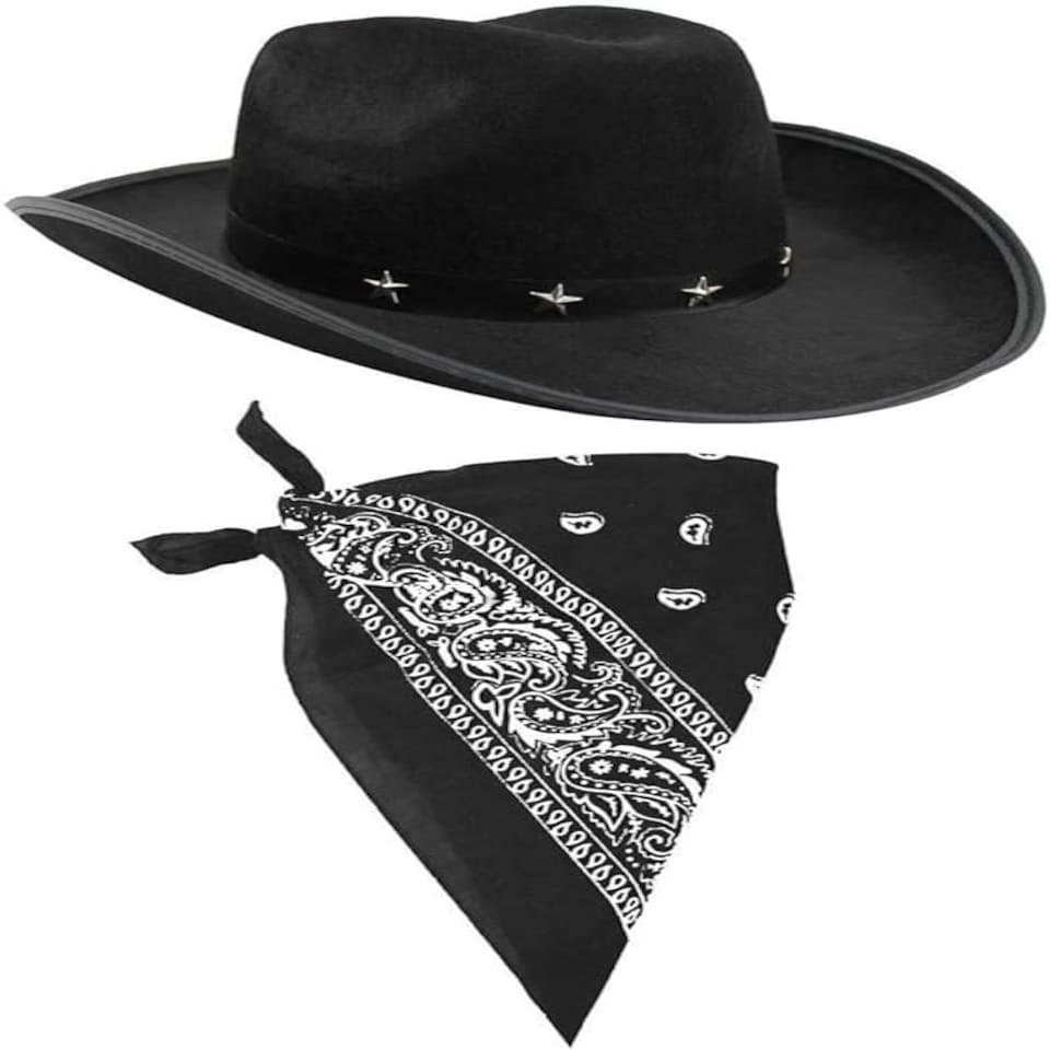 image 1 of Cowboy Fancy Dress Set – Black Studded Hat & Black Paisley Bandana Black | One Size