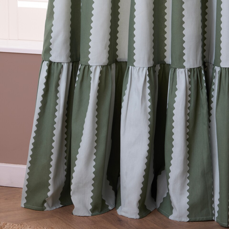 image 1 of Wylder Birdie Stripe Fully Lined Ruffle Pencil Pleat Curtain Pair Baygreen/Mist (W) 117cm x (D) 137cm | Green | Baygreen/Mist | 1