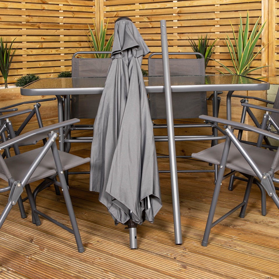 image 1 of Samuel Alexander Outdoor 6 Seater Glass Top Table and Chairs Patio Set with Parasol in Grey