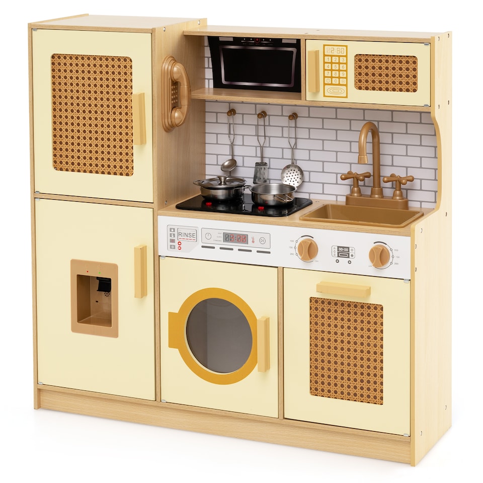 image 1 of COSTWAY Wooden Kids Kitchen Playset Pretend Play Kitchen Sounds Lights Yellow