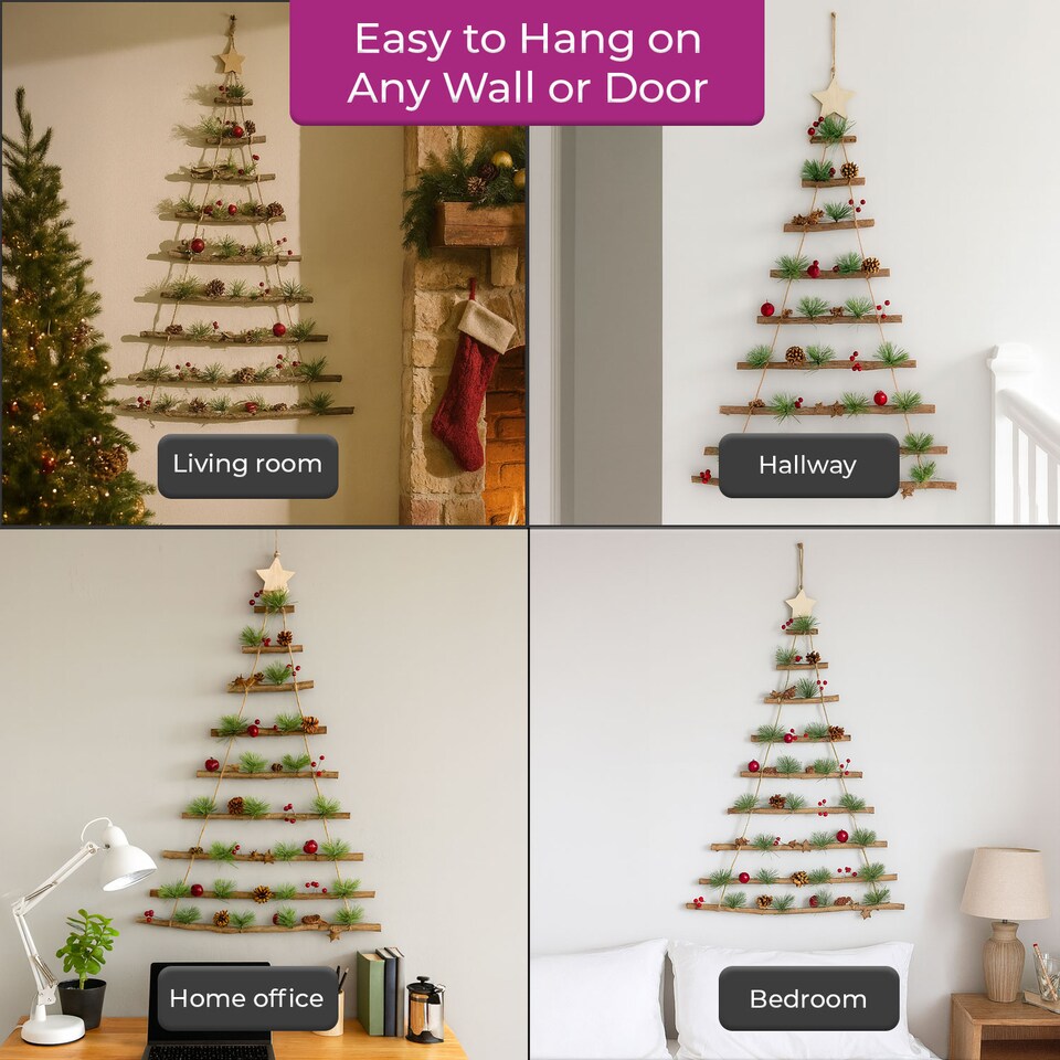 image 1 of Neo Wooden Hanging Wall Xmas Christmas Tree Ladder Decoration Rustic Nordic Hygge Style with Pine Cones Red Berries Jute Rope Wall Mounted Décor