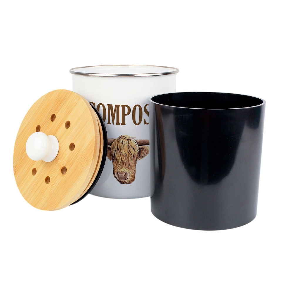 image 1 of Highland Cow Compost Caddy - Metal 2L Decorative Kitchen Food Waste Bin