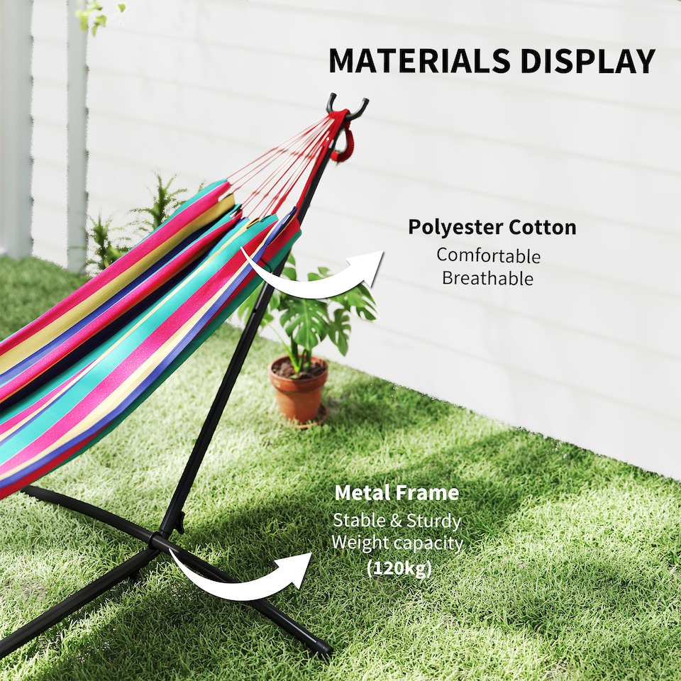 image 1 of Outsunny 298 x 117cm Hammock with Metal Stand Carrying Bag 120kg Multicolour | Multi | Multicolour stripe | L