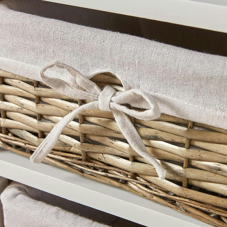image 1 of Wooden Chest Of Drawer Storage Unit Willow Wicker Baskets Bedside Fully Assembled White | 3 Drawers