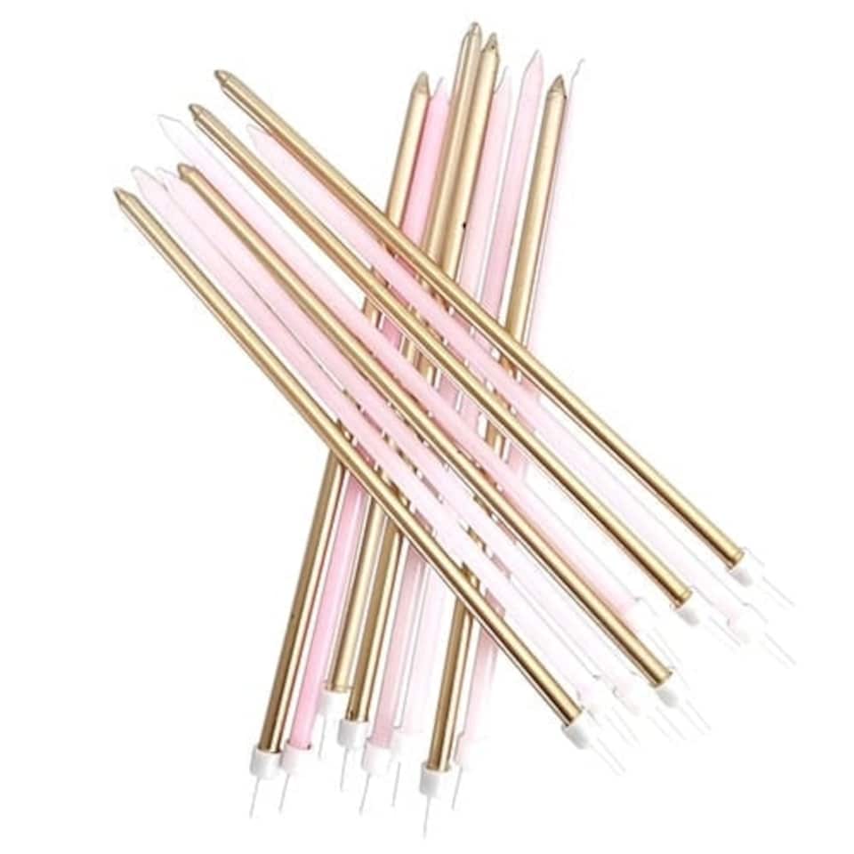 Pastel Pink And Metallic Gold Extra Tall Cake Candles With Holders 18cm - Pack of 16