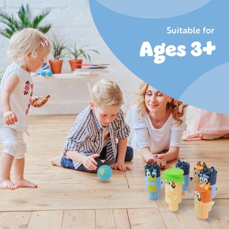 image 1 of Bluey Wooden Skittles Set 7 Piece Indoor and Outdoor Bowling Game for Kids