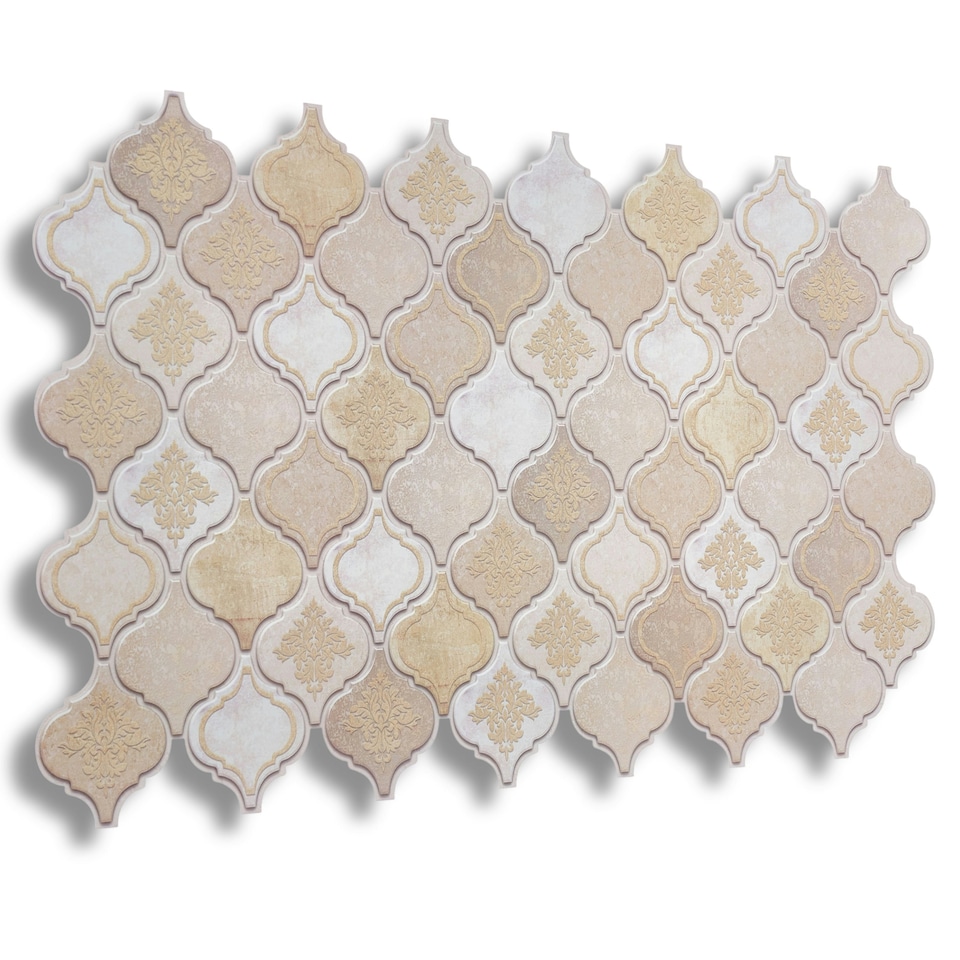 image 1 of NOVECRAFTO 3D Tile Effect Wall Panels – Cream Gold Arabesque Design with Glitter – Set of 6 PVC Sheets – 2.78m² (29.96sqft) – Kitchen & Bathroom Cladding