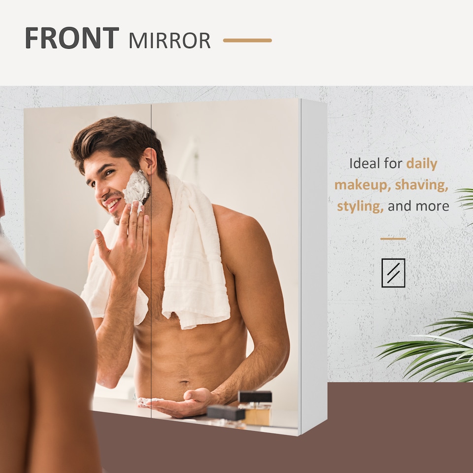 image 1 of kleankin Bathroom Mirror Cabinet, Wall Mounted Bathroom Storage Cupboard with Adjustable Shelf, 60W x 15D x 60Hcm, High Gloss White