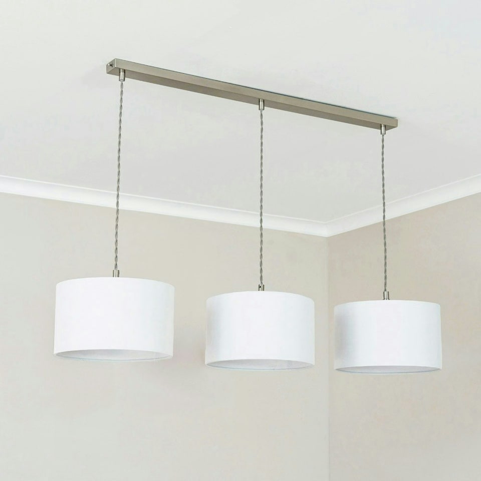 image 1 of ValueLights Reni White Drum Shade 3 Drop Bar Chrome Diner Ceiling Pendant Light with Bulbs Silver