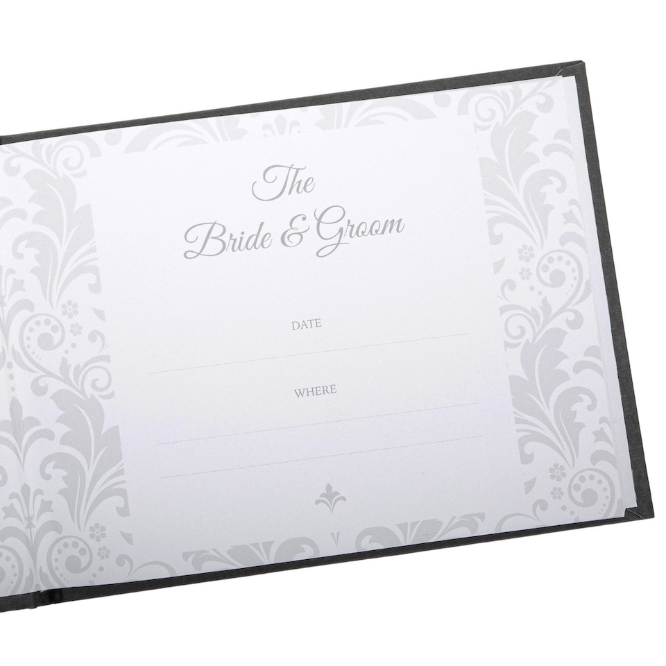 image 1 of Beautiful Black Satin Fabric Wedding Day Guest Book with Silver Floral Decor
