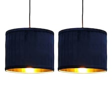 First Choice Lighting Set of 2 Sundance Navy Blue Velvet Pleated 25cm Lamp Shades with Gold Inner Blue | Gold