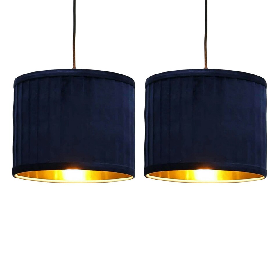 image 1 of First Choice Lighting Set of 2 Sundance Navy Blue Velvet Pleated 25cm Lamp Shades with Gold Inner Blue | Gold