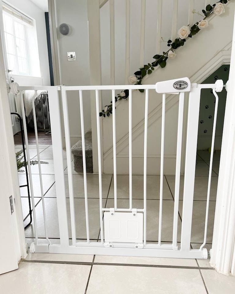 image 1 of Bettacare Pet Gate with Lockable Cat Flap, 75cm - 83cm, White, 75cm in Height, Dog Safety Barrier with Cat Flap | White
