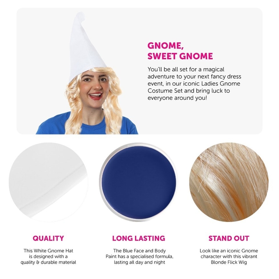image 1 of White Gnome Hat, Blue Face Paint & Blonde Wig White | One Size