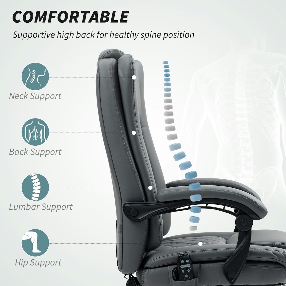 image 1 of HOMCOM PU Leather Massage Office Chair, Reclining Desk Chair, Grey
