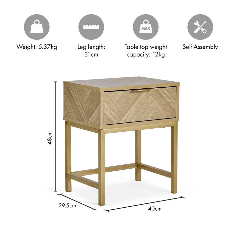 image 1 of Vonhaus Ducie Bedside Table with Gold Frame & Herringbone Finish