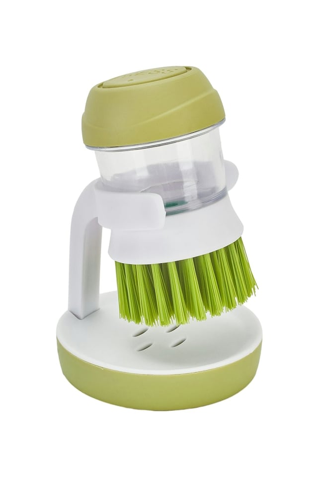 image 1 of Living and Home Dish Pot Brush with Built-in Soap Dispenser, Green | Green