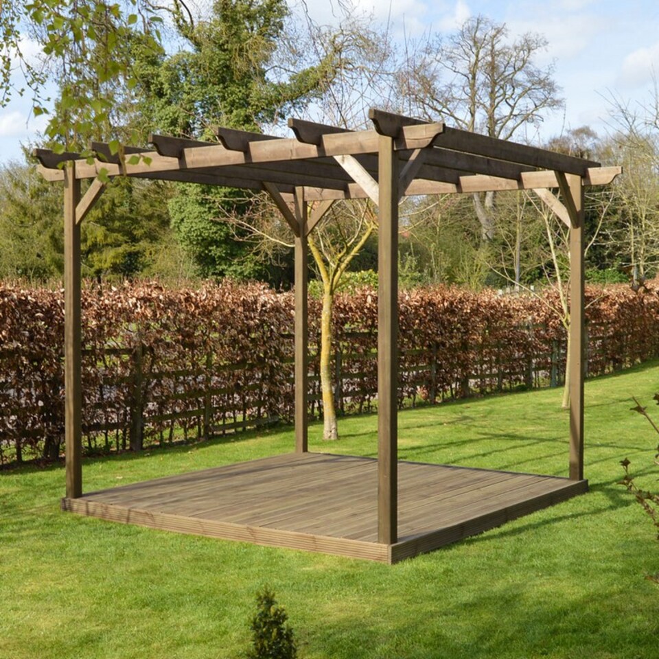 image 1 of Garden Pergola and Decking Kit - Wood - L300 x W300 x H270 cm - Rustic Brown