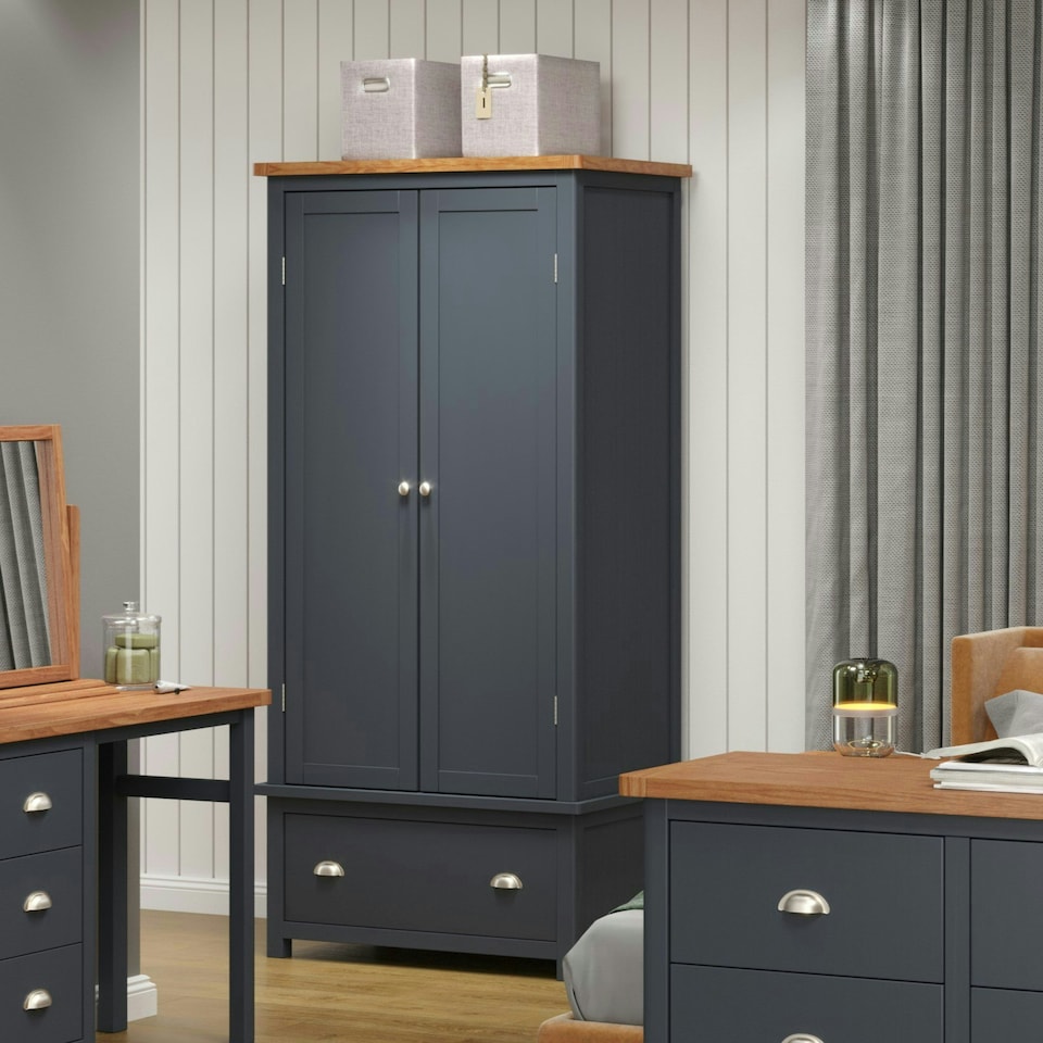 image 1 of Dunkeld Two Door Wardrobe with Midnight Blue and Antique Oak Effect Finish - Drawer and Hanging Storage | Blue | Blue | One Size | 1