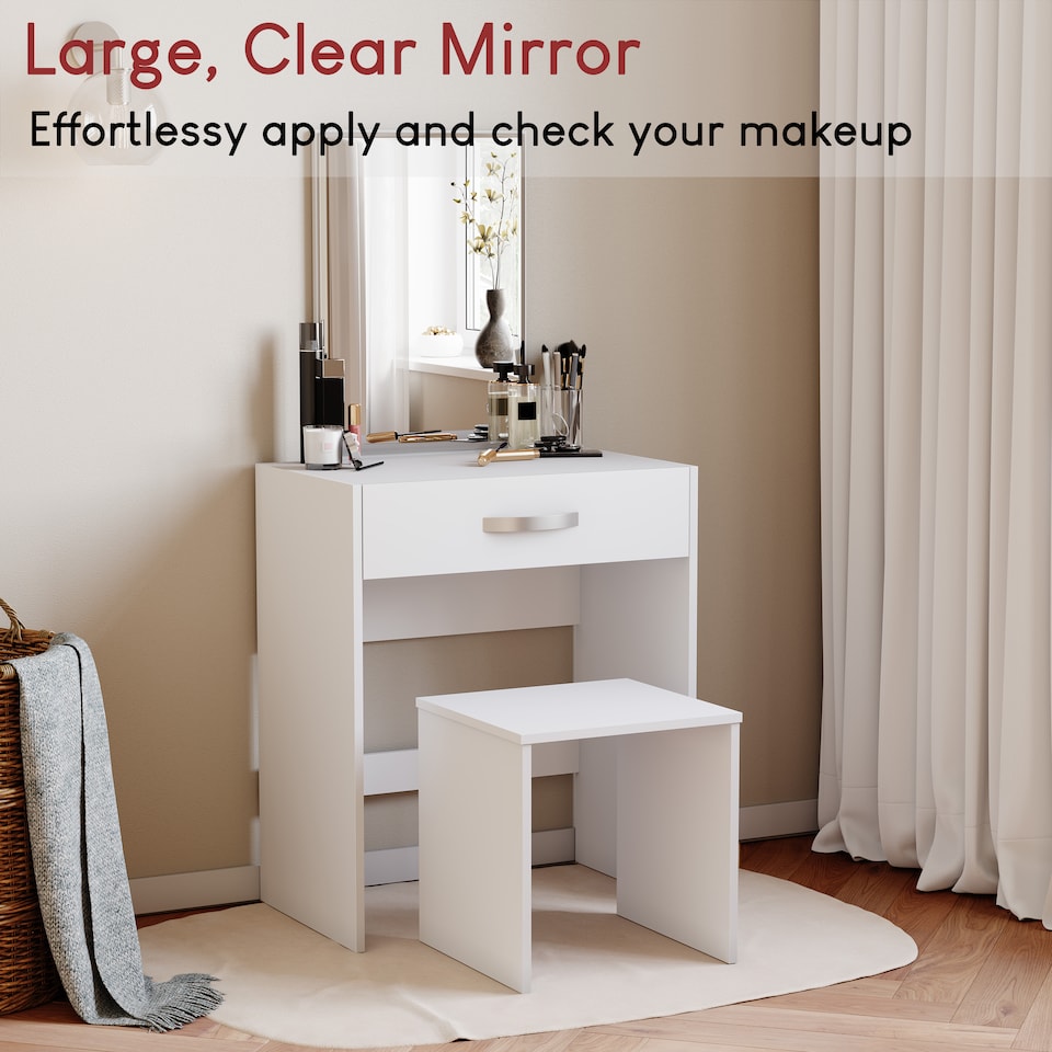 image 1 of Vida Designs Isla Dressing Table 1 Drawer Mirror & Stool Set Vanity Makeup Desk, White