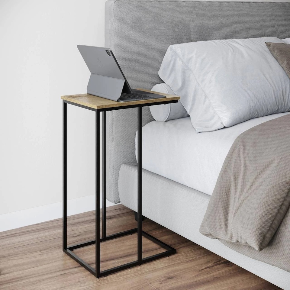 image 1 of Modern End C Shaped Industrial Sofa Side Table with Steel Frame Wood Top Decor | Black | Modern Oak | 1