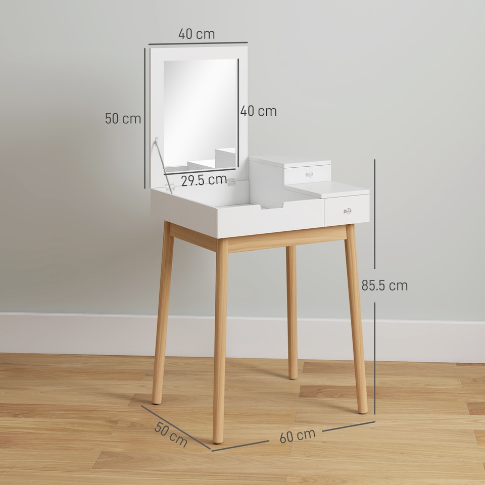 image 1 of HOMCOM Dressing Table with Flip-up Mirror, Makeup Desk with 2 Drawers and Pine Wood Legs, Vanity Table Writing Desk for Bedroom Living Room, White