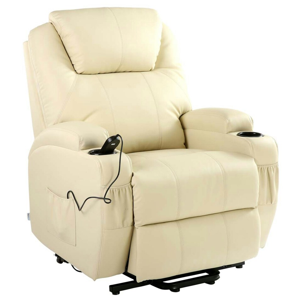 image 1 of Cinemo Single Motor Rise Recliner Bonded Leather Heat & Massage Chair (Cream)