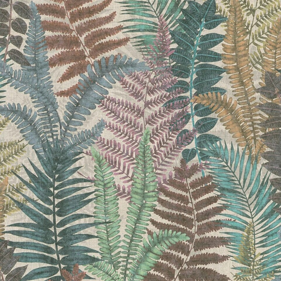 image 1 of Fern Foliage Wallpaper in Multicolour on Beige Multi