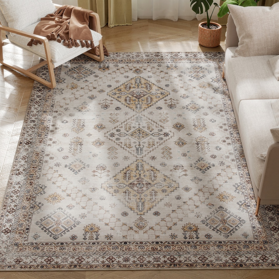 image 1 of HOMCOM Vintage Area Rug, Non-Slip Washable Rug, Flannel Floor Carpet for Living Room, Bedroom, Dining Room, Home Office, 230 x 160 cm, Beige