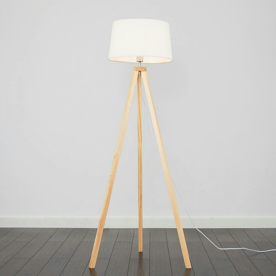 image 1 of ValueLights Barbro Wood Tripod Floor Lamp White Doretta Shade & Bulb White