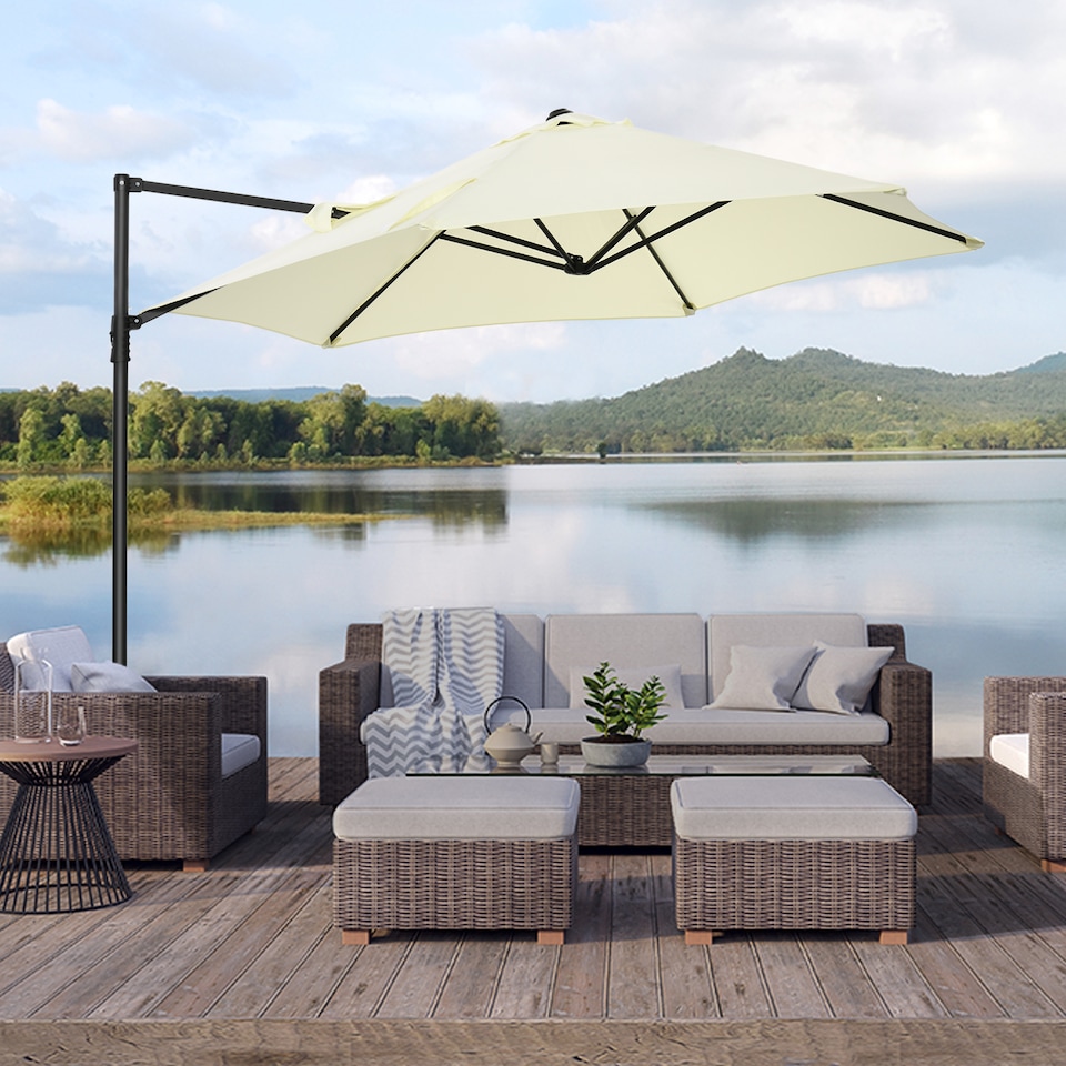 image 1 of Outsunny 2.5M Garden Cantilever Parasol, Offset Roma Patio Umbrella Hanging Sun Shade Canopy Shelter with 360 Rotation and Cross Base, Beige