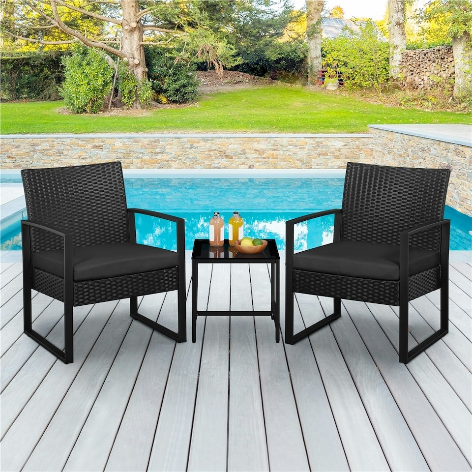 image 1 of Yaheetech 3-Piece Patio Set Rattan Chairs & Table Black