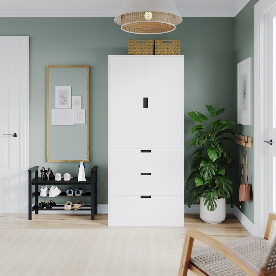 image 1 of 2 Door 3 Drawer Wardrobe with Hanging Rail - Modern Bedroom Storage Furniture | White | White with White Doors | 1