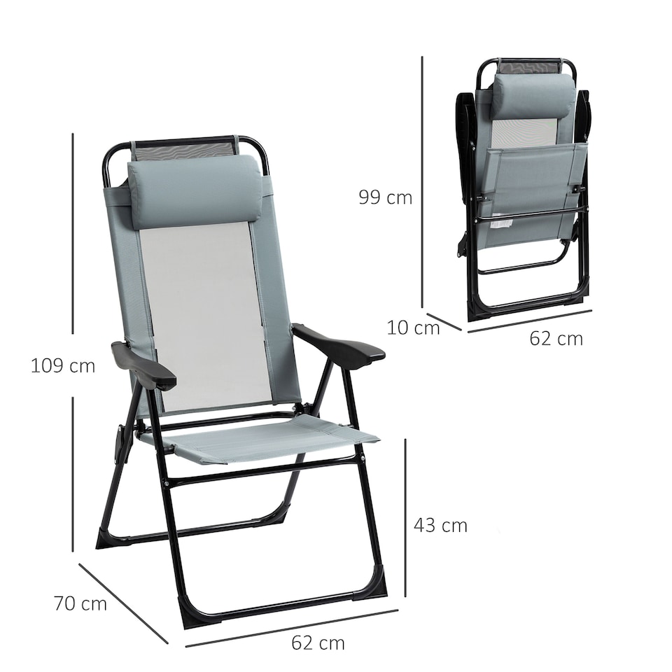 image 1 of Outsunny Garden Chairs Set of 2 Folding Camping Chair Recliners, Grey | Grey | Grey