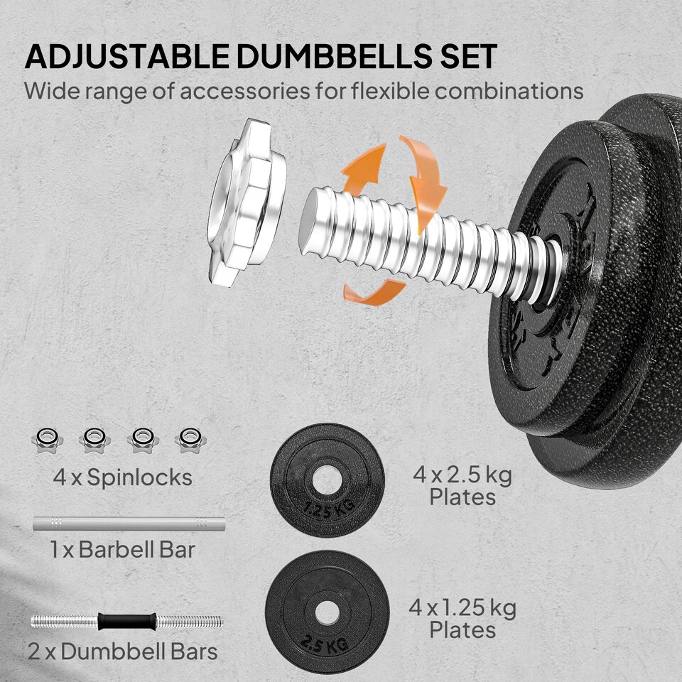 image 1 of SPORTNOW 2-in-1 Adjustable Dumbbells Set, 20kg Weights Dumbbells Set with Non-Slip Grip for Strength Training, Weight Lifting, Bodybuilding, Home Gym Workout Equipment for Men & Women | Grey | Standard