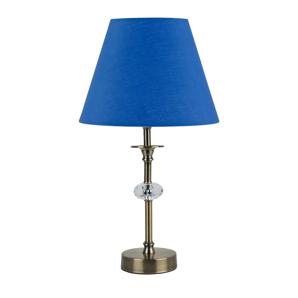 image 1 of Set of 2 Antique Brass Lamps with Facet Detail and Royal Blue Shades Bronze | Blue