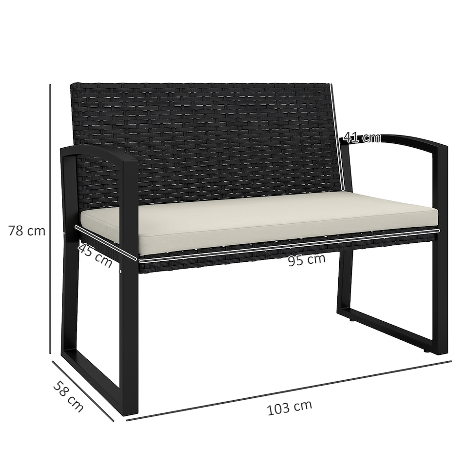 image 1 of Outsunny 2 Seater Rattan Garden Bench, Outdoor Bench with Cushion, PE Wicker Garden Loveseat with Armrests, Galvanised Steel Frame for Patio, Park, Black